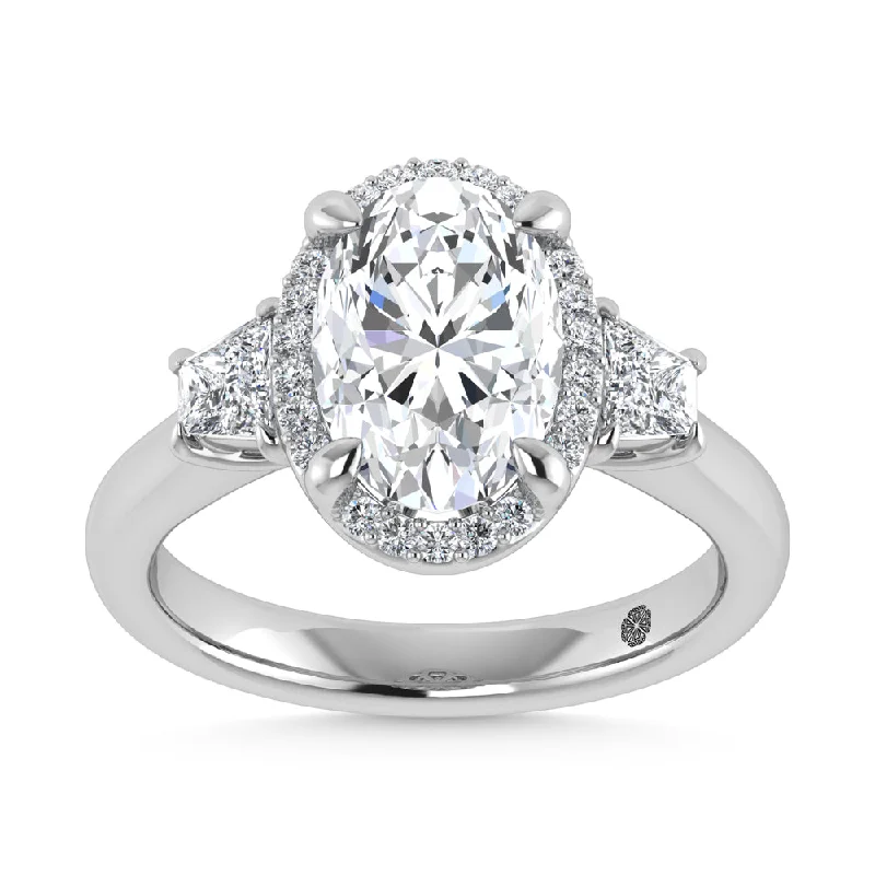 ladies engagement rings matte-14K White Gold Labgrown Diamond 3 1/2 Ct.Tw. Three Stone Engagement Ring (Center Oval 2ct)