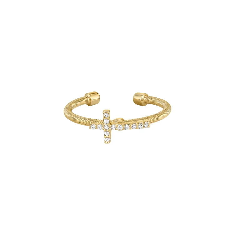 ladies rings magazine-Gold Finish Sterling Silver Cable Cuff Cross Ring with Simulated Diamonds