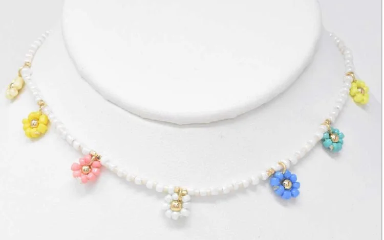 Ladies necklaces unique flair -Multicolor Bead Flower Necklace with White Beaded Chain