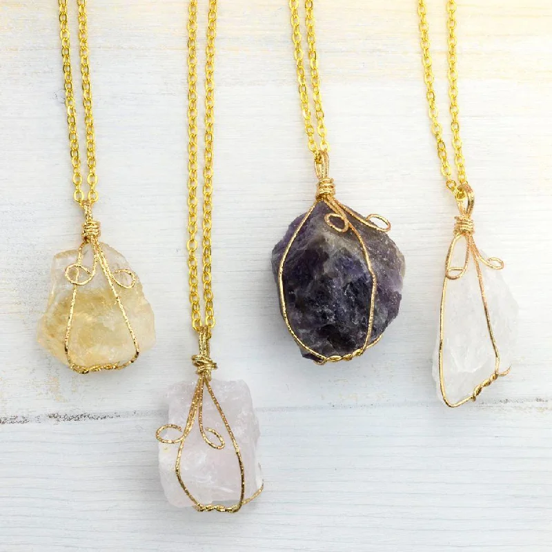 Ladies necklaces lightweight -Wire Wrapped Raw Crystal Necklace