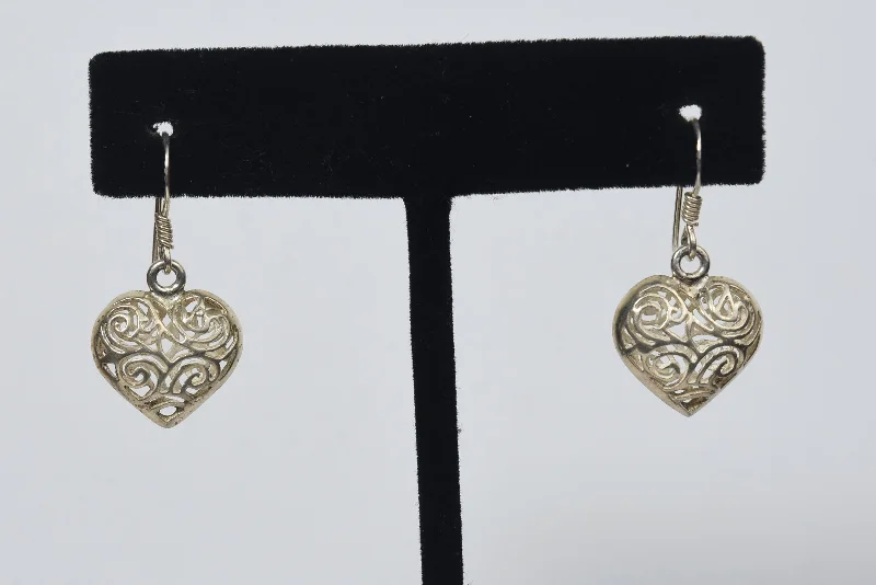 ladies earrings statement-Sterling Silver Puffed Heart Pierced Design Dangle Earrings