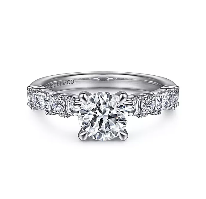 ladies engagement rings eco friendly-Leanna - 14K White Gold Baguette and Round Diamond Engagement Ring