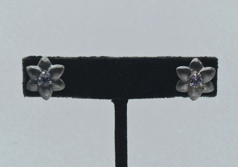 ladies earrings happiness-Vintage Sterling Silver and Amethyst Flower Stud Earrings