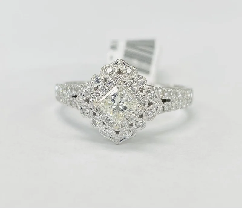 ladies engagement rings 1950s-Princess Cut Double Halo Floral Style Diamond Engagement Ring