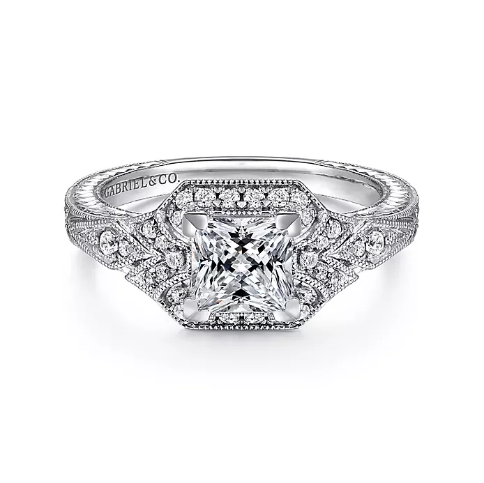 ladies engagement rings traditional-Capulet - Unique 14K White Gold Art Deco Princess Cut Halo Diamond Engagement Ring