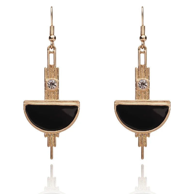 ladies earrings retro design-Black And Gold Vintage Earrings: 1920s Style Long Drop Earrings