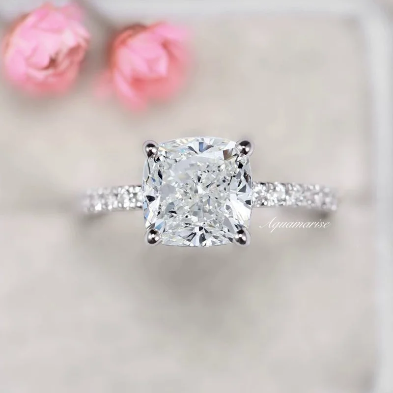 ladies engagement rings premium-3CT Cushion Cut Diamond/ Moissanite Engagement Ring- 14K White Gold