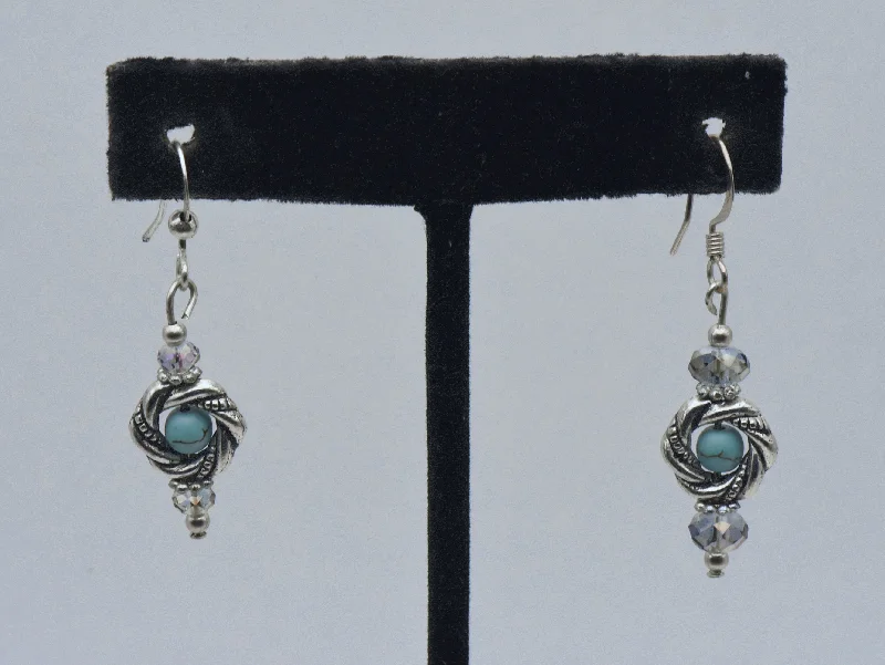 ladies earrings holiday-Vintage Silver Tone and Faux Turquoise Bead Dangle Earrings