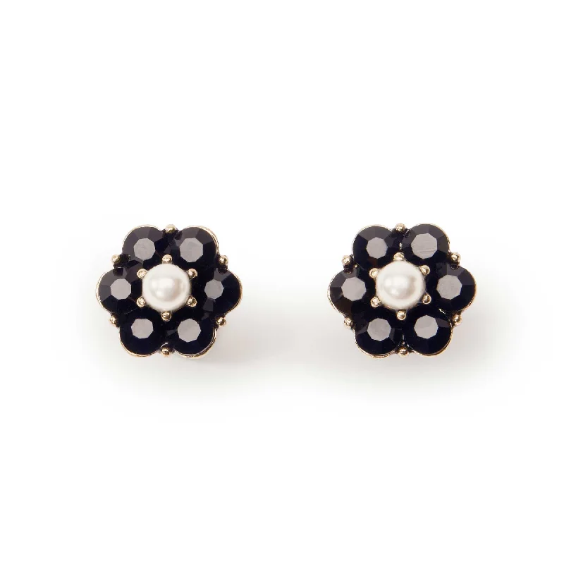 ladies earrings contemporary-Small Jet Flower Stud Earrings: Pearl Stud Earrings