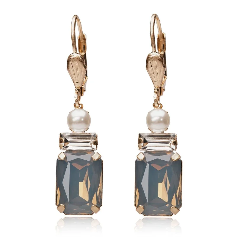 ladies earrings jared-Vintage Opal Earrings: Art Deco Grey Opal Oblong Stone & Pearl Drop Earrings