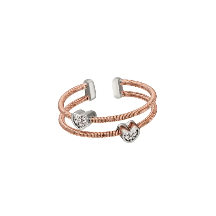 ladies rings horoscope-Rose Gold Finish Sterling Silver Two Cable Cuff Ring with Two Rhodium Finish Simulated Diamond Hearts