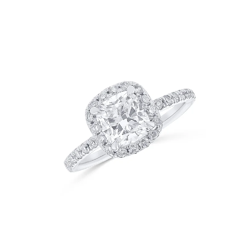 ladies engagement rings summer-14K White Gold 1.51 CT Cushion and 0.70 CT Round Diamond Halo Engagement Ring