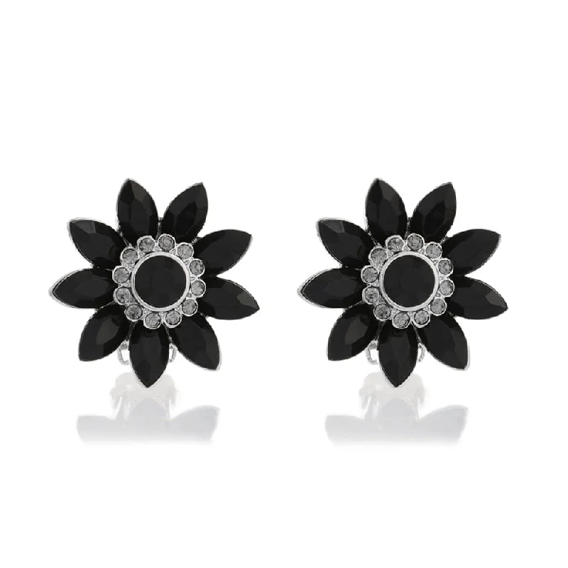 ladies earrings sizes-Audrey Hepburn Inspired Clip on Earrings: Black Flower & Crystal Clip On Earrings