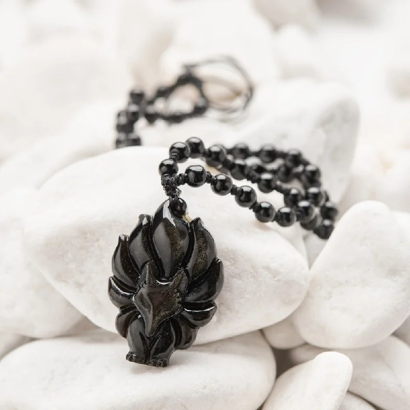 Ladies necklaces double charm -Fox Guardian Black Obsidian Necklace