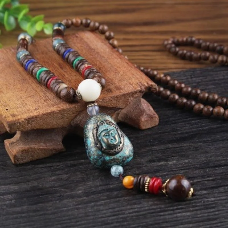 Ladies necklaces tree charm -Ancient Buddha Mala Beads Necklace