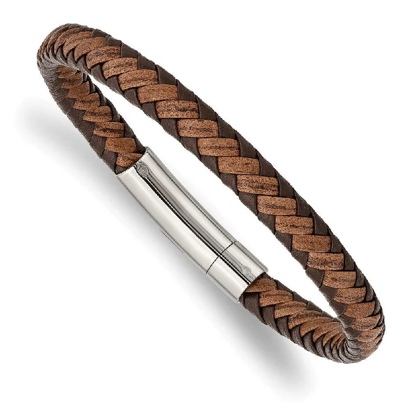 Ladies bracelets online treasure -Stainless Steel Polished Brown Braided Leather 8.25in Bracelet