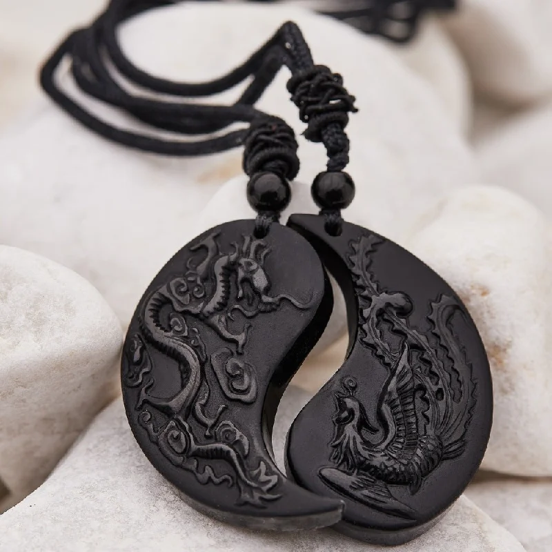 Ladies necklaces endless loop -Obsidian Ying Yang Couple Matching Necklaces