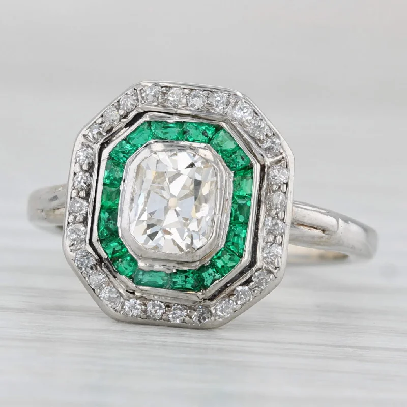 ladies engagement rings nickel free-Vintage 1.25ctw Emerald Diamod Halo Ring 14K Gold Platinum Size 6.25 Engagement