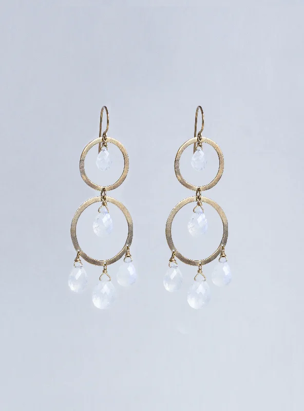 ladies earrings single stone-Gold Circle Drop Earrings with Moonstones