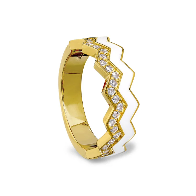 ladies rings hybrid-Gold Vermeil Sterling Silver Micropave Ring with with White Enamel and Simulated Diamondss