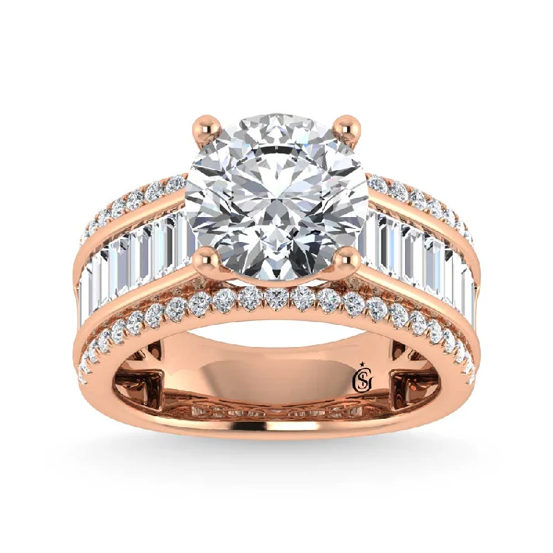 ladies engagement rings baguette-14K Rose Gold Lab Grown Diamond 4 1/3 Ct.Tw. Round and Baguette Shank Engagement Ring (Round Center)