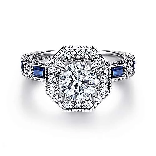 ladies engagement rings presentation-Rain - Art Deco 14K White Gold Octagonal Halo Round Sapphire and Diamond Engagement Ring