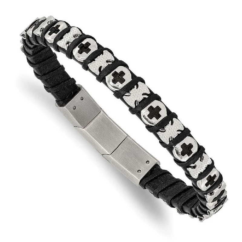 Ladies bracelets spirit shine -Stainless Steel Polished Cross Black Leather w/.5in ext 8in Bracelet