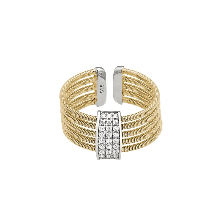 ladies rings gently used-Gold Finish Sterling Silver Multi Cable Cuff Ring with Rhodium Finish Simulated Diamond Three Rows