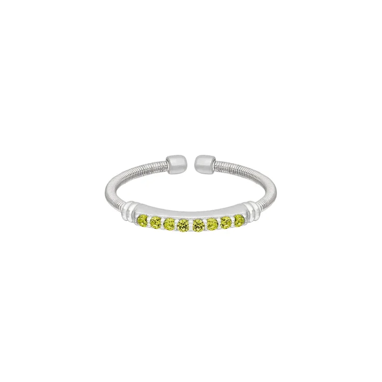 ladies rings synthetic-Rhodium Finish Sterling Silver Cable Cuff Ring with Simulated Peridot Birth Gems - August