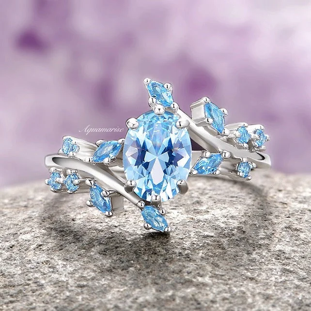 ladies engagement rings shiny-Aquamarine Leaf Fairy Engagement Ring- 925 Sterling Silver