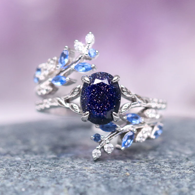 ladies engagement rings materials-Starry Night & Sapphire Leaf Engagement Ring Set- Sterling Silver