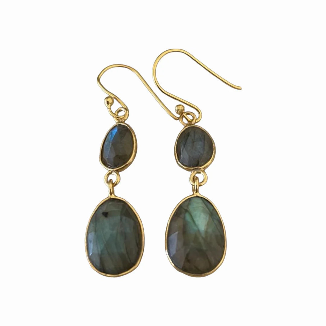 ladies earrings designs-Organic Labradorite Oval Drop Earrings