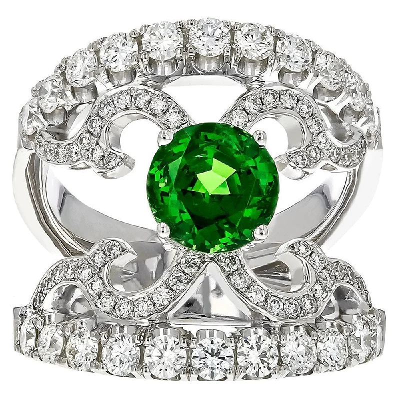 ladies rings sleek-JULEVE 18KT TSAVORITE & DIAMOND SPLIT SHANK SCROLL RING