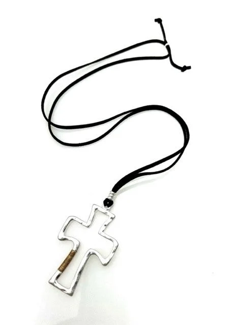 Ladies necklaces pearl elegance -Dark Brown Leather Suede Inspirational Necklace with SILVER CROSS PENDANT