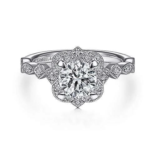 ladies engagement rings recycled-Orsa - Vintage Inspired 14K White Gold Fancy Halo Round Diamond Engagement Ring