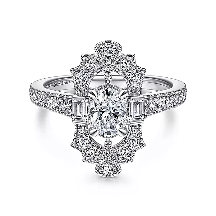 ladies engagement rings forever-Duchess - Art Deco 14K White Gold Oval Halo Diamond Engagement Ring