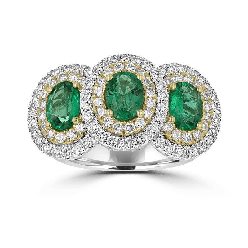 ladies rings pre owned-JULEVE 18KT 2.11 CTW EMERALD AND 2.04 CTW DIAMOND 3 STONE HALO RING