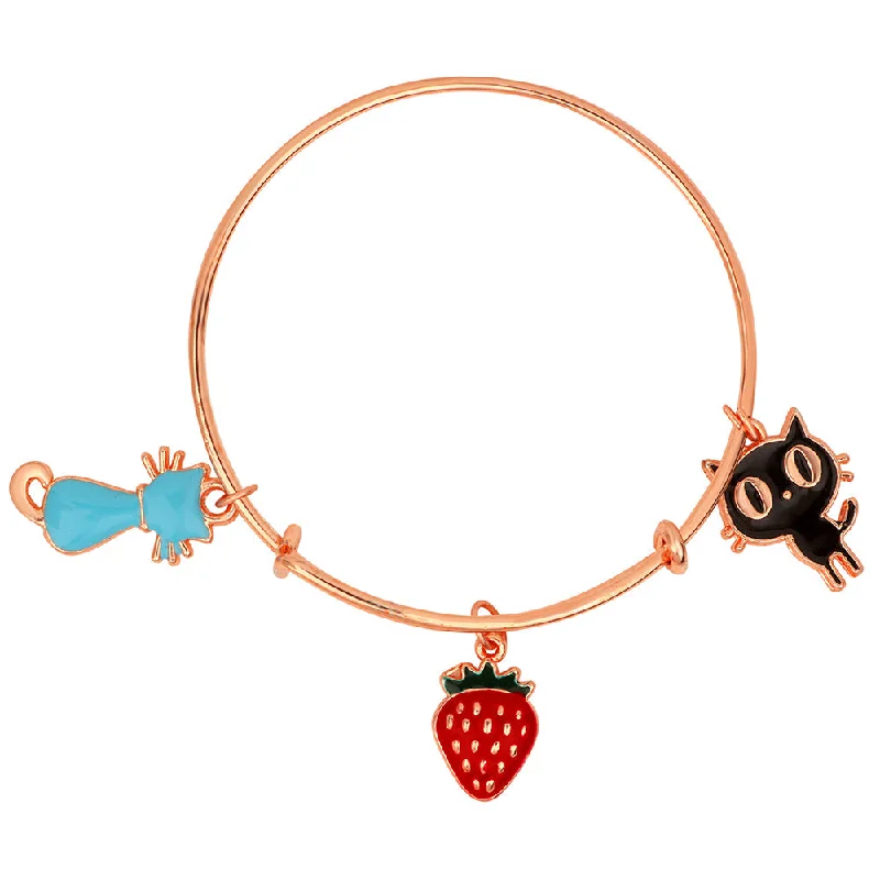 Ladies bracelets tri color shine -Mahi Strawberry & Cat Shaped Rose Gold Plated Enamel Work Charms Bracelet for Girls (BRK1100865Z)