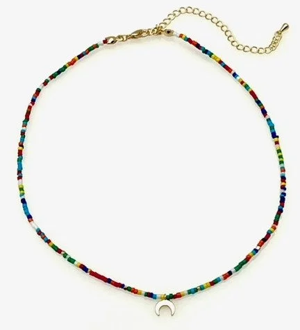 Ladies necklaces tiger eye glow -Beaded Necklace with Crescent Moon Pendant - Multi colors