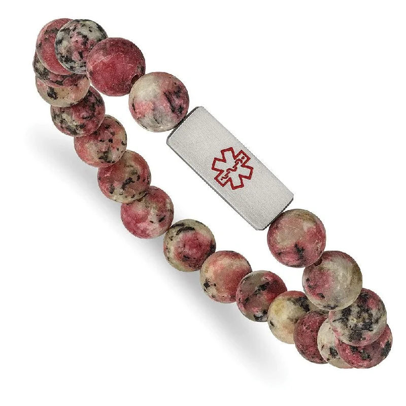 Ladies bracelets heart shine -Stainless Steel Brushed Medical ID Rhodochrosite Bead Stretch Bracelet