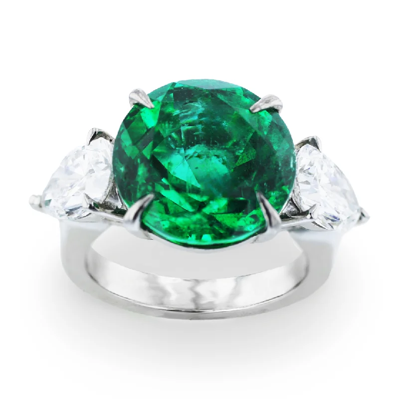 ladies rings collectible-JULEVE PLATINUM 8.55 CT EMERALD & 2.42 CTW DIAMOND 3 STONE RING