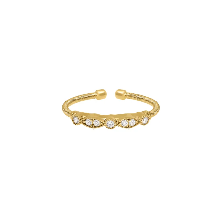 ladies rings cushion-Gold Finish Sterling Silver Cable Cuff Ring with Simulated Diamond Marquis & Round Design