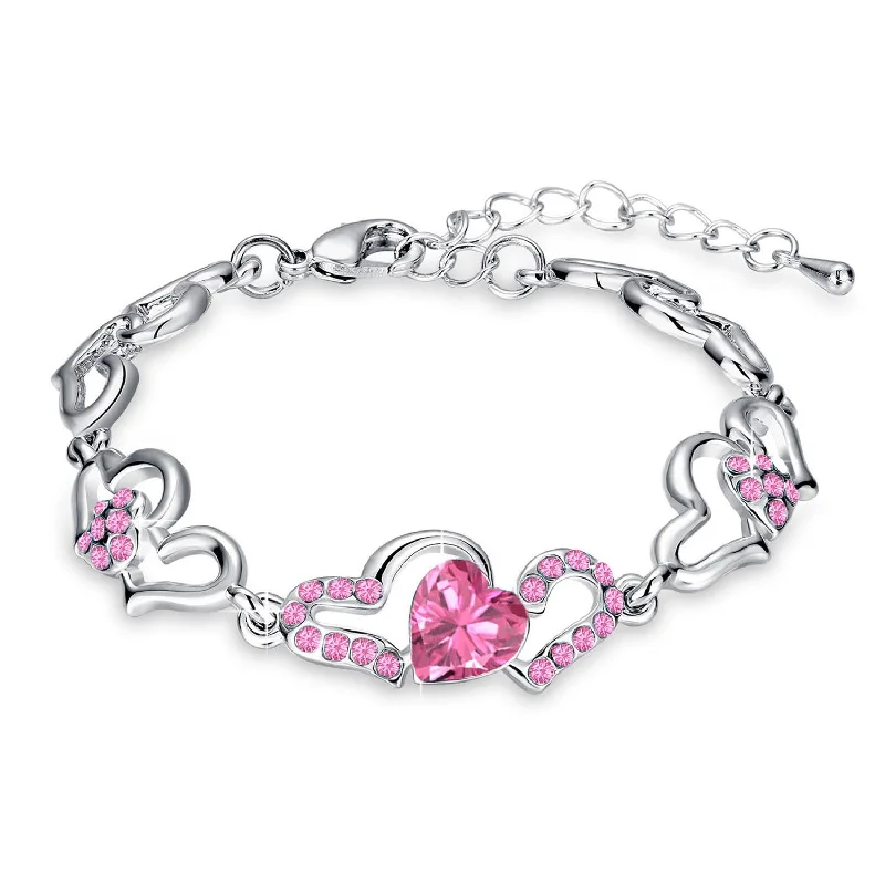 Ladies bracelets dragonfly glow -Mahi Rhodium Plated Valentine Collection Lovely Heart Link Bracelet with Pink Crystal stones - BR2100339RPin