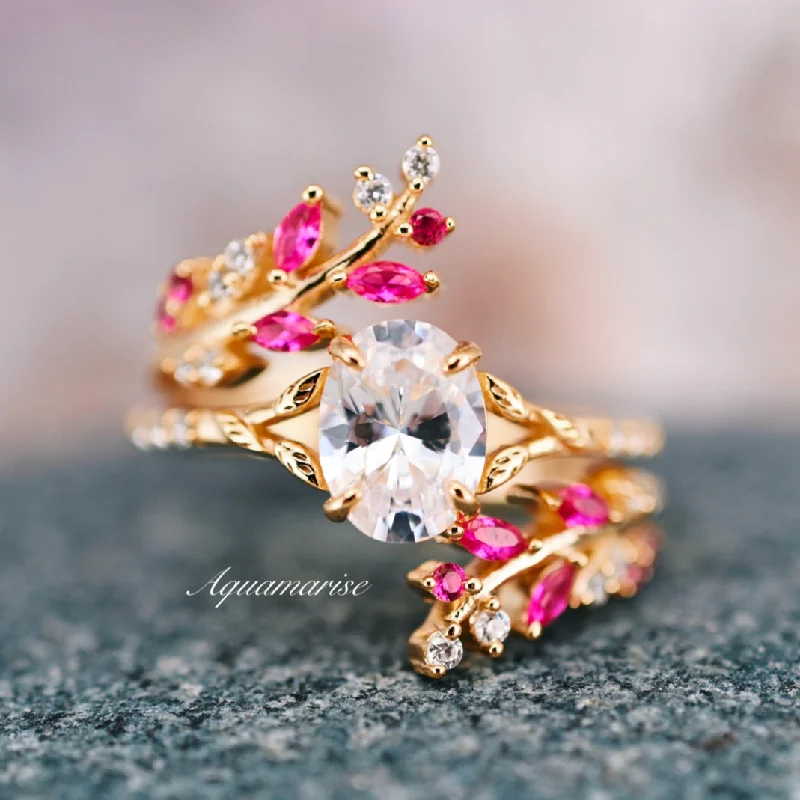 ladies engagement rings packaging-Ruby & Diamond (cz) Leaf Engagement Ring Set- 14K Yellow Gold Vermeil