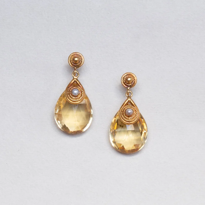 ladies earrings deals-Vintage Drop Earrings with Citrine and Pearl