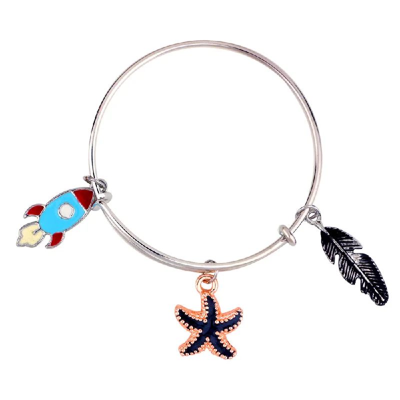 Ladies bracelets wedding shine -Mahi Rhodium Plated Star Fish Rocket & Feather Shaped Colorful Enamel Work Charms Kids Bracelets for Girls (BRK1100916M)