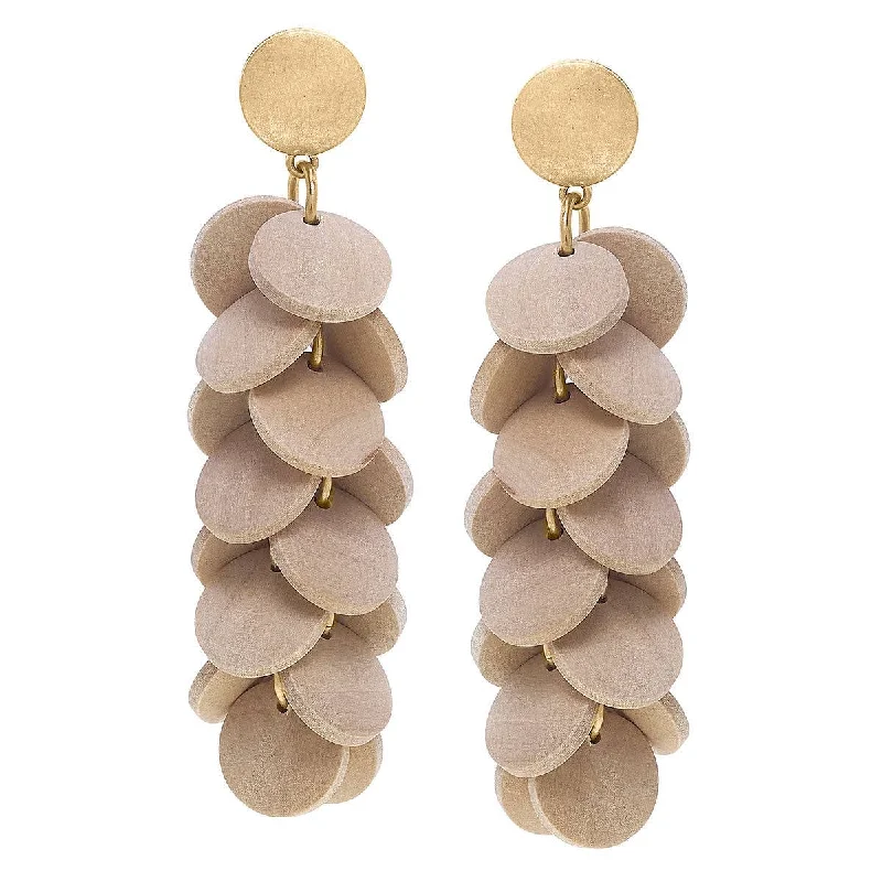 ladies earrings cluster-Earrings - Naya Wood Disc Cluster Statement Earrings in Worn Gold