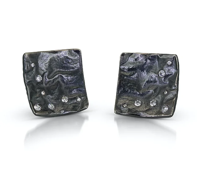 ladies earrings gemstone-Oxidized Reticulated Sterling Square Earrings