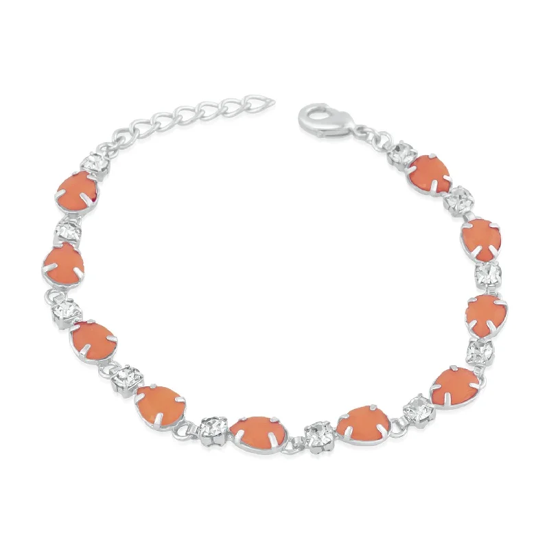 Ladies bracelets leaf shine -Mahi Rhodium Plated Orange Crystal link adjustable Bracelet for girls and women - BR2100358R