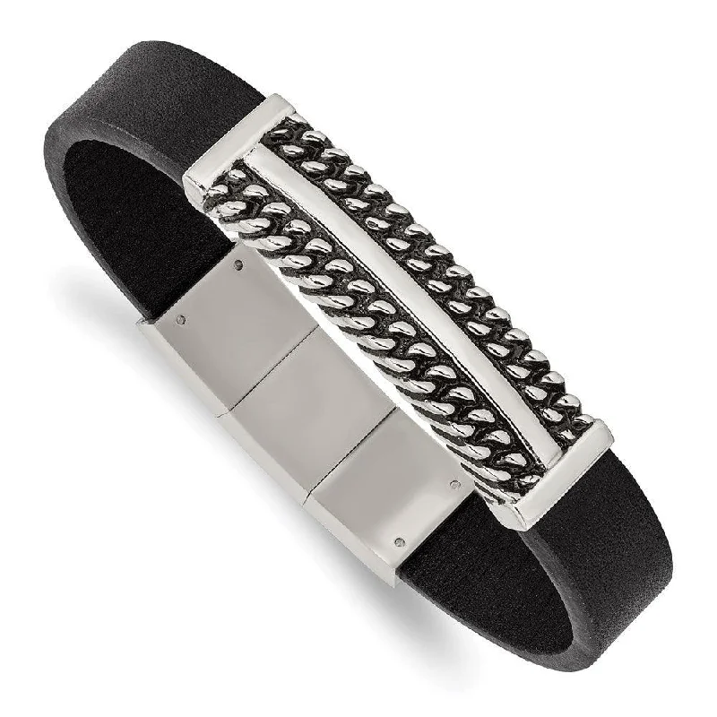 Ladies bracelets split glow -Stainless Steel Antiqued & Polished Black Leather w/.5in ext 8in Bracelet